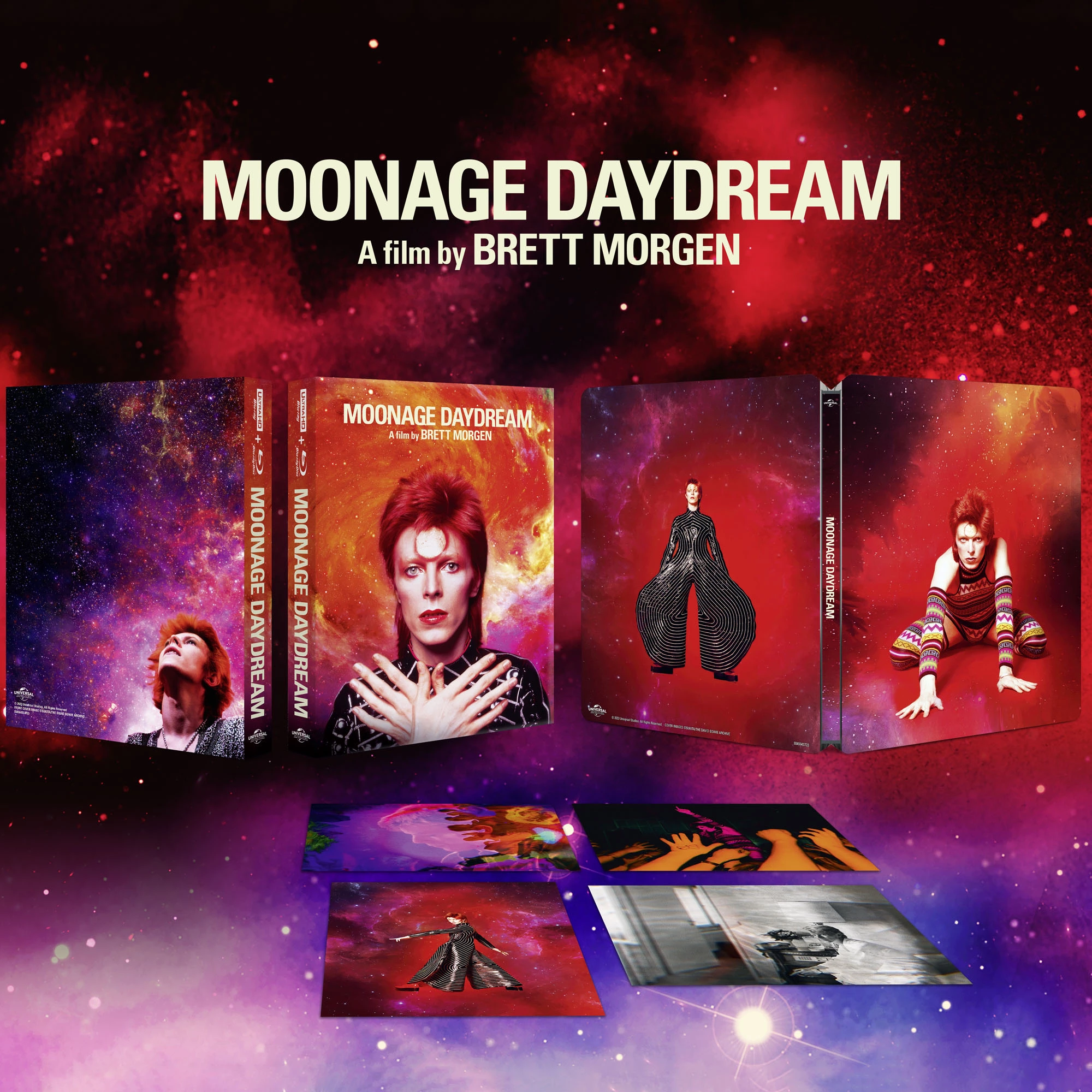 Image showing the steelbook on a galaxy background, text reads Moonage Daydream. A Film by Brett Morgen
