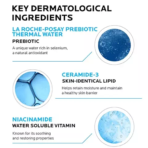 Image 1, LA ROCHE POSAY Ceramides + LABORATOIRE DERMATOLOGIQUE Niacinamide & Glycerin Removes impurities, excess oil & makeup Foaming gel texture Image 2, KEY DERMATOLOGICAL INGREDIENTS LA ROCHE-POSAY PREBIOTIC THERMAL WATER PREBIOTIC A unique water rich in selenium, a natural antioxidant CERAMIDE-3 SKIN-IDENTICAL LIPID Helps retain moisture and maintain a healthy skin barrier NIACINAMIDE WATER SOLUBLE VITAMIN Known for its soothing and restoring properties. image 3, maintains skin's natural moisture and PH. image 4, dermatologist recommended - board certified dermatologist Dr Anna Karp said - i recommend that my patients with sensitive skin look for gentle cleanser free of ingredients that could cause irritation or skin reactions such as fragrance, drying alcohol and certain preservatives, parabens and sulfates.