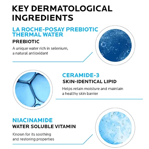 Image 1, LA ROCHE POSAY Ceramides + LABORATOIRE DERMATOLOGIQUE Niacinamide & Glycerin Removes impurities, excess oil & makeup Foaming gel texture Image 2, KEY DERMATOLOGICAL INGREDIENTS LA ROCHE-POSAY PREBIOTIC THERMAL WATER PREBIOTIC A unique water rich in selenium, a natural antioxidant CERAMIDE-3 SKIN-IDENTICAL LIPID Helps retain moisture and maintain a healthy skin barrier NIACINAMIDE WATER SOLUBLE VITAMIN Known for its soothing and restoring properties