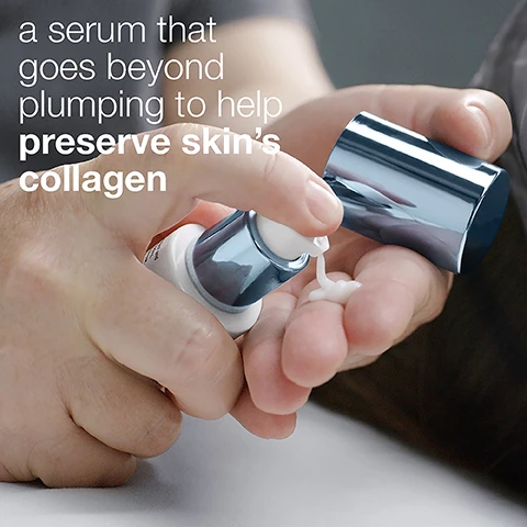 Image 1, a serum that goes beyond plumping to help preserve skin's collagen. image 2, clinical proof. 94% more effective in preserving skin's collagen for plumper, fuller skin. consumer perception survey of 63 participants ages 25-60, following 2 months of use 2 times a day. included as part of 12 week independent clinical test. image 3, clinical proof. cheeks and jawline look firmer within 7 days. before and after 7 days. results after 7 days obtained during independent clinical testing of 63 people, 2 applications a day for 12 weeks. image 4, 91% saw visibly luminous skin. 89% felt their skin texture improved. 89% said their skin looked healthier. consumer perception survey of 63 participants ages 25-60, following 2 months of use, 2 times a day. included as part of a 12 week independent clinical test. image 5, pro collagen preservation complex - with collagen amino acids and carnosine dipeptides helps save collagen. polyglutamic acid - nourishes and plumps for a firmer appearance. wild indigo extract - helps restore skins radiance. image 6, helps preserve collagen. plumps and hydrates for a firmer appearance. helps minimize the look of fine lines and wrinkles. image 7, collagen preservation routine. prevent signs of skin aging = step 1 - cleanse, step 2 - exfoliate, step 3 - treat, step 4 = moisturise and protect. treat signs of skin aging = step 1 - cleanse, step 2 - exfoliate, step 3 - treat, step 4 - moistuize and protect