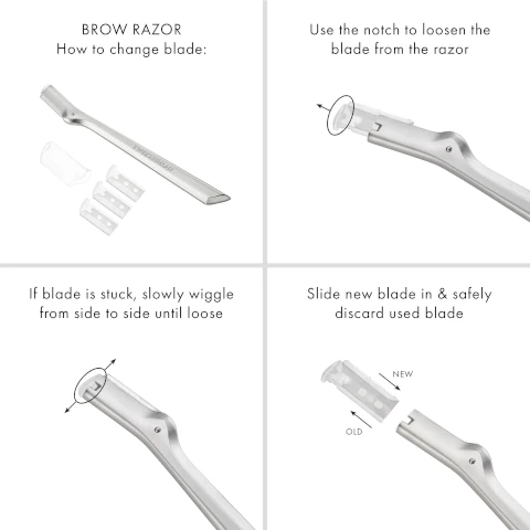 brow razor how to change the blade. 1 = use the notch to loosen the blade from the razor. if blade is stuck, slowly wiggle from side to side until loose. slide new blade in and safely discard used blade.