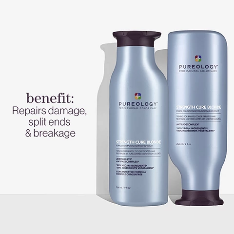 Image 1, benefit - repairs damage, split ends and breakage. image 2, astaxanthin, arginine, ceramide. image 3, vegan formula* sulfate free for a gentle cleanse. recycled bottles made from post consumer recycled materials. up to 80+ washes in one bottle. all formulas are highly concentrated meaning less water needed. every formula is made without animal products or by products. pureology never tests on animals. our shampoo and conditioner bottles , excluding cap are created with 95% post consumer recycled materials
