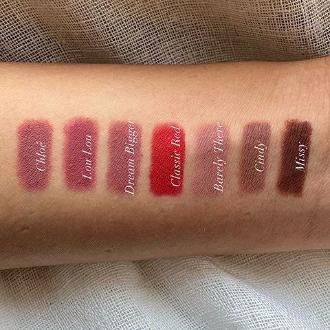swatches of chloe, lola lou, dream bigger, classic red, barely there, cindy and missy