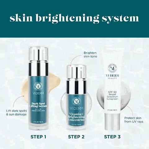 5% tranexamic acid helps correct existing dark spots and sun damage. Vitamin C 10% THD Ascorbate, the most stable and efficacious form for a brighter complexion. Zinc Oxide and Octinoxate, helps prevent sun damage. Key Ingredient powerhouse blends. Skin brightening system. Step 1, Lift dark spots and sun damage. Step 2, Brighten skin tone. Step 3, protect skin from UV rays. Skin brightening system. 3-step routine for lifting dark spots and preventing future sun damage. Before and after 60 days. Nearly 80% saw a reduction in dark spots in a clinical study of women and men aged 25-73 all skin tones, all with visible hyperpigmentation. In just 90 days, 86% saw significant results, 86% saw brighter skin, 83% saw more even skin tone and texture, nearly 80% saw a reduction in dark spots in a clinical study of 30 patients with hyperpigmentation. Lifts dark spots and sun damage, brightens skin tone, protects skin from UV rays. Gluten free, paraben free, vegan, cruelty free, fragrance free.skin brightening system lighter discolouration on my cheeks, skin looks brighter with sero irritation lightened up the pigmentation on my upper lip dark spots diminished