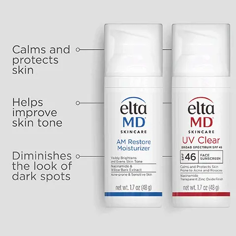 Formulated with Niacinamide Vitamin B3 to reduce redness and restore suppleness. Complete you regimen. Free from parabens, fragrances, dyes. Trusted by Dermatologists. Loved by skin. For over 30 years, EltaMD has been creating innovative products that cater to all skin types and conditions, from cosmetically elegant sunscreen to skincare that repairs and
              rejuvenates skin. Calms and protects skin. Helps improve skin tone. Diminishes the look of dark spots.