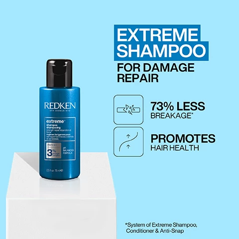 Image 1, extreme shampoo for damage repair. 73% less breakage. promotes hair health. system of extreme shampoo, conditioner and anti snap. image 2, extreme conditioner for damage repair. 73% less breakage. detangles and smooths. system of extreme shampoo, conditioner and anti snap. image 3, extreme leave in treatment for damage repair. 73% reduction in breakage. strength repair for damaged hair system of extreme shampoo, conditioner and anti snap. image 4, before and after one use. system of extreme shampoo, conditioner and anti snap