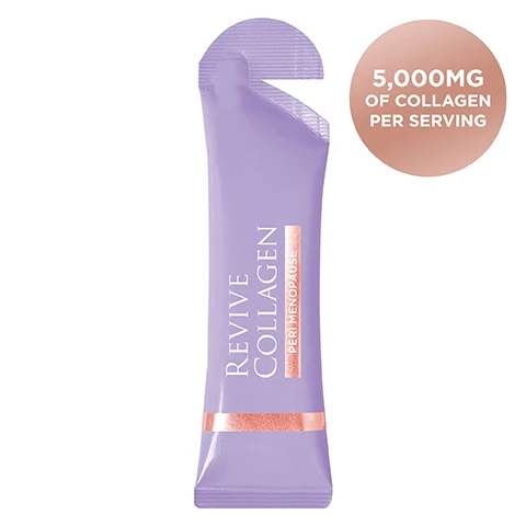 Image 1 - A purple collagen supplement stick is displayed, labeled REVIVE COLLAGEN PERIMENOPAUSE, with a circular graphic stating 5,000MG OF COLLAGEN PER SERVING.
              Image 2 - Image of a product called Revive Collagen aimed at peri-menopause, featuring a purple sachet with a glossy liquid drop next to it; visible text includes details about the products benefits, such as Packed with 5,000mg of Type 1 Marine Collagen, Inositol - Helps to regulate insulin & lower blood pressure, Retinol - Boosts collagen production & skin renewal for a radiant complexion, Selenium - Preserves tissue elasticity & youth appearance of the skin. Helps reduce hot flushes! Zinc - Helps relieve vaginal dryness, Folic Acid - Helps to reduce hot flushes!, 50% Vitamin B6 & B12 - Helps reduce tiredness & fatigue, 50% Vitamin C & D - Powerful antioxidant that helps aid in collagen production & works to brighten the skin, and Great-tasting Passion Fruit flavour!
              Image 3 - Side-by-side portraits of a woman showing her appearance before and after a makeover, with BEFORE labeled on the left and AFTER on the right.
              Image 4 - An image showing a purple sachet labeled Revive Collagen on the left, with white capsules falling on the right, along with the text indicating that one sachet equals twenty collagen tablets, with an absorption rate of 90% to 95% for the sachet and 30% to 40% for the tablets.
              Image 5 - Infographic showing how collagen levels in the body decline with age, illustrating the percentage of collagen levels from ages 30 to 60, with text stating we lose an extra 30% of our collagen during the first five years of menopause, and visual representations of skin at ages 35, 45, and 55, highlighting changes in the epidermis, dermis, and subcutaneous fat along with labeled hyaluronic acid, collagen, and elastin.