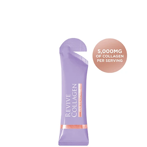 Image 1 - A lavender sachet of collagen supplement for peri-menopause, with text that reads Revive Collagen Peri Menopause and a peach circle stating 5,000MG of Collagen Per Serving. Image 2 - A light purple background features a Revive Collagen Peri Menopause sachet with spilled orange liquid and a single drop, alongside text that reads Revive Collagen Peri Menopause, Revive Collagen Menopause Range - A world first!, Packed with 5,000mg of Type 1 Marine Collagen. Inositol - Helps to regulate insulin & lower blood pressure. Retinol - Boosts collagen production & skin renewal for a radiant complexion. Selenium - Preserves tissue elasticity & youth appearance of the skin. Helps reduce hot flushes! Zinc - Helps relieve vaginal dryness. Folic Acid - Helps to reduce hot flashes! 50% Vitamin B6 & B12 - Helps reduce tiredness & fatigue. 50% Vitamin C & D - Powerful antioxidant that helps aid in collagen production & works to brighten the skin. Great-tasting Passion Fruit flavour! Image 3 - A side-by-side image of a womans face shows a before view on the left with dark hair and bangs and a natural complexion, and an after view on the right with her hair pulled back, a smoother complexion, and more defined eyebrows, with the words Before and After. Image 4 - An image compares a purple Revive Collagen Perimenopause sachet to numerous white collagen tablets, illustrating that 1 Revive Collagen Sachet with 90% to 95% Absorption Rate is equivalent to 20 Collagen Tablets with 30% to 40% Absorption Rate. Image 5 - An infographic titled HOW COLLAGEN IMPACTS OUR SKIN DURING MENOPAUSE, visually explaining collagen levels decline with age through a bar chart titled COLLAGEN LEVELS IN THE BODY (%) with AGE axis and a note stating We lose an extra 30% of our collagen during the first five years of menopause, and showing OUR SKIN AS WE AGE through cross-section diagrams at 35 YEARS, 45 YEARS, and 55 YEARS, illustrating the EPIDERMIS, DERMIS, SUBCUTANEOUS FAT, and the appearance of WRINKLES, with a legend for HYALURONIC ACID, COLLAGEN, and ELASTIN.