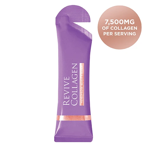 Image 1 - A purple single-serving packet of Revive Collagen designed for menopausal beauty sleep, featuring the text 7,500mg of collagen per serving.
              Image 2 - An image showcasing a purple package of Revive Collagen Menopause Beauty Sleep supplement beside a glossy, amber liquid on a pink background, with text detailing benefits like 7500mg of Type 1 Marine Collagen, Sleep DailyZz™, Biotin, Chicory Root, Retinol, Selenium, Zinc, Folic Acid, Vitamin B6 & B12, Vitamin C & D, and a note on the flavor being Apple & Blackcurrant.
              Image 3 - Image shows a purple sachet labeled Revive Collagen on the left, with a visual comparison to twenty white collagen tablets on the right; text includes x1 REVIVE COLLAGEN SACHET 90% TO 95% ABSORPTION RATE = x20 COLLAGEN TABLET 30% TO 40% ABSORPTION RATE.
              Image 4 - Infographic showing how collagen levels in the body decrease with age, featuring a graph illustrating collagen levels at ages 30, 40, 50, and 60, along with visual comparisons of skin structure at ages 35, 45, and 55 highlighting the effects on collagen, elastin, and hyaluronic acid, with text stating we lose an extra 30% of our collagen during the first five years of menopause.
              Image 5 - A purple tube of Revive Collagen menopause beauty sleep sits on a pink surface next to a glistening amber gel, with a circular droplet, and a gold badge in the top right corner reads Pure Beauty Awards London 2023 Gold Winner.