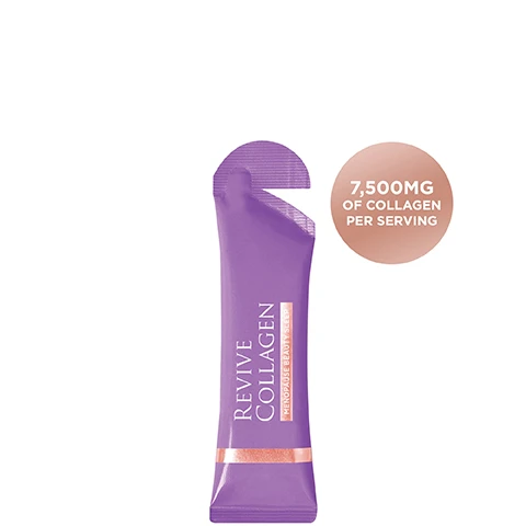 Image 1 - A purple sachet labeled Revive Collagen Menopause Beauty Sleep is shown next to a peach circle indicating 7,500MG OF COLLAGEN PER SERVING. Image 2 - A purple sachet of Revive Collagen Menopause Beauty Sleep is shown partly in a pool of orange liquid with a single clear droplet, alongside text that reads REVIVE COLLAGEN MENOPAUSE BEAUTY SLEEP Revive Collagen Menopause Range - A world first! Packed with 7,500mg of Type 1 Marine Collagen. Sleep DailyZz™ - Clinically proven to help improve sleep quality. Biotin - Helps to stimulate keratin production & promotes healthy hair. Chicory Root - Source of inulin (prebiotic). High in fibre which is great for gut health. Retinol - Boosts collagen production & skin renewal for a radiant complexion. Selenium - Preserves tissue elasticity & youth appearance of the skin. Helps reduce hot flushes! Zinc - Helps relieve vaginal dryness. Folic Acid - Helps to reduce hot flushes! 50% Vitamin B6 & B12 - Helps reduce tiredness & fatigue. 50% Vitamin C & D - Powerful antioxidant that helps aid in collagen production & works to brighten the skin. Great-tasting Apple & Blaccurrant flavour! Image 3 - A purple Revive Collagen Menopause Beauty Sleep sachet is shown next to an equals sign and a pile of white collagen tablets, with text below indicating that 1 Revive Collagen Sachet has a 90% to 95% Absorption Rate, which equals 20 Collagen Tablets with a 30% to 40% Absorption Rate. Image 4 - An infographic displays a bar chart showing collagen levels in the body decreasing with age from 30 to 60, and three diagrams illustrating skin cross-sections at 35, 45, and 55 years demonstrating the reduction of hyaluronic acid, collagen, and elastin, and the formation of wrinkles, with visible text reading How Collagen Impacts Our Skin During Menopause, Collagen Levels in the Body (%), Age, We lose an extra 30% of our collagen during the first five years of menopause, Our Skin As We Age, 35 Years, 45 Years, 55 Years, Hyaluronic Acid, Collagen, Elastin.