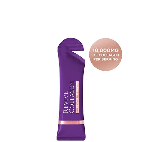 Image 1 - A purple sachet of Revive Collagen Menopause Max is displayed next to a light pink circle stating 10,000MG OF COLLAGEN PER SERVING. Image 2 - A purple product sachet labeled Revive Collagen Menopause Max is partially submerged in a puddle of orange liquid, with a single orange capsule nearby, set against a two-tone purple background, with additional text stating Revive Collagen Menopause Range - A world first! Packed with 10,000mg of Type 1 Marine Collagen. Lutein - Referred to as the eye vitamin which supports eye health. Reishi Mushroom - Enhances the immune system, helps to reduce stress & fatigue. Chicory Root - Source of inulin (prebiotic) High in fibre which is great for gut health. Pinebark Extract - Proven to improve skin elasticity by up to 25%. Retinol - Boosts collagen production & skin renewal for a radiant complexion. Selenium - Preserves tissue elasticity & youth appearance of the skin Helps reduce hot flushes! Zinc - Helps relieve vaginal dryness. Folic Acid - Helps to reduce hot flushes! 50% Vitamin B6 & B12 - Helps reduce tiredness & fatigue. 50% Vitamin C & D - Powerful antioxidant that helps aid in collagen production & works to brighten the skin. Vitamin K - Supports bone health. Great-tasting Coconut & Pineapple flavour! Image 3 - A side-by-side comparison of a womans face showing her with blonde hair on the left and grey hair on the right, with the visible text BEFORE and AFTER. Image 4 - An image comparing a purple Revive Collagen Menopause Max sachet to twenty white collagen tablets, stating that one Revive Collagen sachet has a 90% to 95% absorption rate, equal to twenty collagen tablets having a 30% to 40% absorption rate. Image 5 - An infographic on a purple background is titled How Collagen Impacts Our Skin During Menopause, featuring a bar chart titled Collagen Levels In The Body (%) with y-axis values 100, 80, 60, 40, 20, 0 and x-axis values 30, 40, 50, 60 representing Age, depicting a decline in collagen over time, followed by the text We lose an extra 30% of our collagen during the first five years of menopause, and beneath this is a section titled Our Skin As We Age displaying three diagrams of skin cross-sections with layers labeled Epidermis, Dermis, and Subcutaneous Fat, for 35 Years, 45 Years, and 55 Years respectively, illustrating a decrease in Hyaluronic Acid, Collagen, and Elastin, and the appearance of Wrinkles. Image 6 - A purple sachet labeled Revive Collagen Menopause Max lies diagonally on a pink background, with a round CEW UK Beauty Award Winner 2024 seal and a circular Global Beauty & Wellness Awards GBWA 2023 Best Menopause Supplement Special Award seal visible above it.