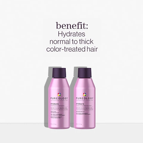 Image 1, benefit = hydrates normal to thick colour treated hair. image 2, benefit = detangles, moisturises, heat protects, smooths frizz and adds shine. image 3, rose extract, green tea extract, multi weight proteins. image 4, olive oil, camelina seed oil, xylose, coconut oil. image 5, pro favourite. neil moodie pureology UKI ambassador said = one of my favourite purepology products is the iconic hydrate which helps to deeply hydrate normal to thick dry, colour treated hair. image 6, pro favourite. neil moodie pureology UKI ambassador said = i use this on every client as it detangles and primes the hair for styling, plus it protects from heat. the end results leave the hair soft and looking shiny.
