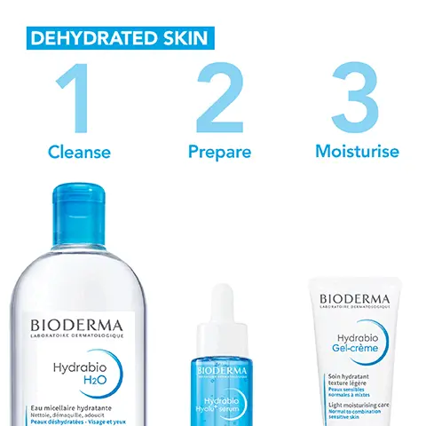 Image 1, DEHYDRATED SKIN 1 2 3 Cleanse Prepare Moisturise BIODERMA LABORATOIRE DERMATOLOGIQUE BIODERMA LABORATOIRE DERMATOLOGIQUE Hydrabio H2O Eau micellaire hydratante Nettoie, démaquille, adoucit Peaux déshydratées - Visage et yeux BIODERMA LABORATOIRE DERMATOLOGIQUE Hydrabio Hyalu* serum Hydrabio Gel-crème Soin hydratant texture légère Peaux sensibles normales à mixtes Light moisturising care Normal to combination sensitive skin Image 2, 1 2 3 Soak a cotton pad with Hydrabio H2O and cleanse your face without rinsing Apply about 5 drops of Hydrabio Hyalu+ serum and gently massage until absorbed Apply Hydrabio Gel-crème to complete your hydration routine Image 3, HYALU+ TECHNOLOGY High molecular weight Hyaluronic acid Self-rehydrating sugar Boosts and protects the Hyaluronic acid neosynthesis HYALURONIC ACID Low molecular weight Smoothes the skin, brings back firmness and elasticity 0802 NIACINAMIDE Strengthens the skin barrier to maintain water Image 4, L 7 L 94% THE SKIN IS PLUMPED UP(1A) +32% OF SKIN FIRMNESS(1B) (1) Evaluation of efficacy under dermatological control on 33 subjects aged for 28 days 1A) by self-assessment (% of satisfaction) - 1B) by clinical scoring of firmness Image 5, Г L +60% HYDRATION IN 30 MIN* ך *Measurement of hydration on 10 subjects for 24 hours.