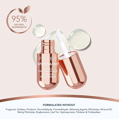 Image 1, 95% natural ingredients. formulated without = fragrance, sulfates, parabens, formaldehyde, formaldehyde releasing agents, phtalates, mineral oil, retinyl palmitate, oxybenzone, coal tar, hydroquinone, triclosan and triclocarban. image 2, powerful ingredients. anti-inflammatory caffeine, antioxidant rich cranberry extract, firming and brightening niacinamide, hydrating rose water, elasticity enhancing vitamin B5. image 3, instantly brighten, smooth and plump. younger eyes, fuller lips and lifted brows. image 4, before and after. firm skin and smooth wrinkles, plump lips and under eyes, reduce eyebags, bright and healthy skin.