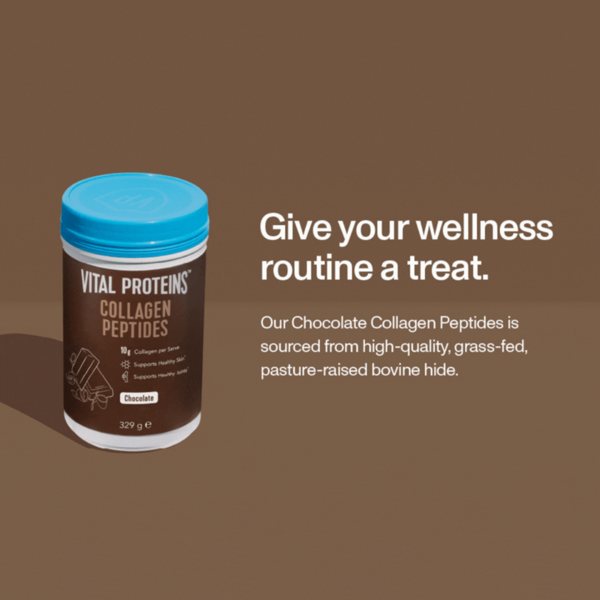 Give your wellness routine a treat.Our Chocolate Collagen Peptides is sourced from high-quality, grass-fed, pasture-raised bovine hide. How to enjoy, mix one serving in hot or cold liquids, stir and enjoy. Try adding to coffee, smoothie or oatmeal.