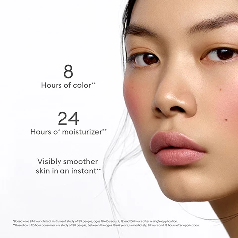 Image 1, 8 hours of color, 24 hours of moisturiser, visibly smoother skin in an instant. based on a 24 hour clinical instrument study of 33 people, aged 18-66 years, 8, 12 and 24 hours after a single application. based on a 12 hour consumer use study of 30 people, between the ages of 18-66 years immediately, 8 hours and 12 hours after application. image 2, the ingredients, hyaluronic acid plumps and smooths fine lines. vitamin e provides antioxidant protection. squalane pure, sustainable and 100% plant derived moisturiser that adds weightless hydration. image 3, the benefits, saturated shades that melt into skin. longwearing and buildable pigments infused with skincare ingredients. refillable packaging for minimal waste. image 4, swatches of hydrangea, wisteria, hibiscus, camellia, heliotrope, delphine, daylily, anemone, foxglove, ophelia, azalea, dahlia on three different skin tones