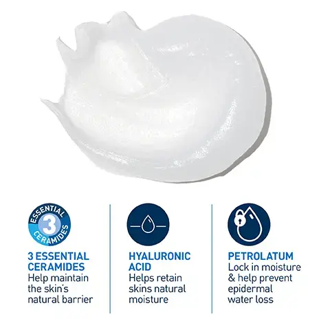 Image 1, GRAMIDE 3 ESSENTIAL CERAMIDES Help maintain the skin's natural barrier HYALURONIC ACID Helps retain skins natural moisture PETROLATUM Lock in moisture & help prevent epidermal water loss Image 2, SOOTHING FORMULA IMMEDIATELY PROTECTS THE FACE, HANDS, FEET, ELBOWS AND LIPS
              Image 3, FOR VERY DRY & ROUGH SKIN CLEANSE PROTECT AND MOISTURISE Image 4, CeraVe SUITABLE FOR BABIES EVEN NEWBORNS FROM 1ST MONTH.