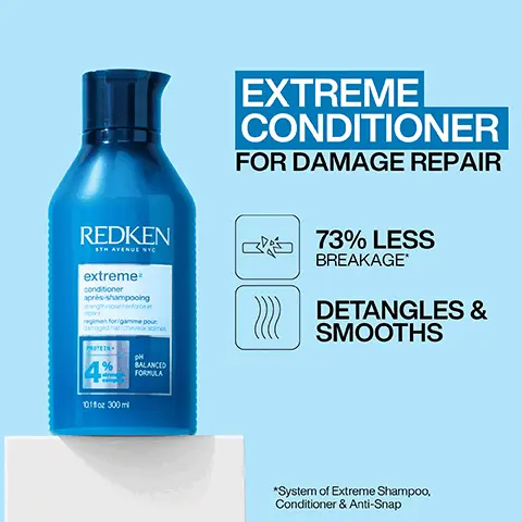 Image 1, REDKEN STH AVENUE NYC extreme conditioner après-shampooing ngh repar herforce et regimen for/gamme pour damaged hanchevebi BALANCED FORMULA EXTREME CONDITIONER FOR DAMAGE REPAIR 73% LESS BREAKAGE* DETANGLES & SMOOTHS 1011oz 300ml *System of Extreme Shampoo, Conditioner & Anti-Snap Image 2, REDKEN STH AVENUE NYO extreme anti-snap treatment traitement ngman forgamma poug damaged cheve PH BALANCED FORMULA 851oz 250 mie EXTREME LEAVE-IN TREATMENT FOR DAMAGE REPAIR ㄜˇ 73% REDUCTION IN BREAKAGE STRENGTH REPAIR FOR DAMAGED HAIR *System of Extreme Shampoo, Conditioner & Anti-Snap Image 3, FORMULATED WITH PROTEIN Image 4, APPLY ALL OVER TO DAMAGED AREAS OF CLEAN, WET HAIR. LEAVE-IN AND STYLE AS USUAL. REDKEN extreme аб-пар BALANCED FORMULA Ex 250me Image 5, BEFORE AFTER ONE USE* *System of Extreme Shampoo, Conditioner & Anti-Snap Image 6, PRO TIP Apply evenly to protect the hair and strengthen before you blow dry and style. As it is a gel consistency, it glides through the hair. Always start applying from the ends and working up towards the roots REDKEN 5TH AVENUE NYC extreme anti-snap treatment traitement