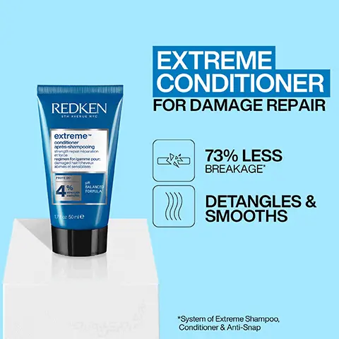 Image 1, REDKEN extreme conditioner après-shampooing strength repe regimen for/gamme pour damaged hancheveux % BALANCED FORMULA 1750rie EXTREME CONDITIONER FOR DAMAGE REPAIR 73% LESS BREAKAGE* DETANGLES & SMOOTHS *System of Extreme Shampoo, Conditioner & Anti-Snap Image 2, REDKEN STH AVENUE NYO extreme anti-snap treatment traitement ngman forgamma poug damaged cheve PH BALANCED FORMULA 851oz 250 mie EXTREME LEAVE-IN TREATMENT FOR DAMAGE REPAIR ㄜˇ 73% REDUCTION IN BREAKAGE STRENGTH REPAIR FOR DAMAGED HAIR *System of Extreme Shampoo, Conditioner & Anti-Snap Image 3, APPLY ALL OVER TO DAMAGED AREAS OF CLEAN, WET HAIR. LEAVE-IN AND STYLE AS USUAL. REDKEN extreme аб-пар BALANCED FORMULA Ex 250me Image 4, BEFORE AFTER ONE USE* *System of Extreme Shampoo, Conditioner & Anti-Snap Image 5, REDKEN 6TH AVENUE NYO extreme anti-snap treatment traitement andreagon regimen for/gamme pour damaged her cheveux 1% PH BALANCED FORMULA FORMULATED WITH PROTEIN 85oz 250 mle Image 6, PRO TIP Apply evenly to protect the hair and strengthen before you blow dry and style. As it is a gel consistency, it glides through the hair. Always start applying from the ends and working up towards the roots REDKEN 5TH AVENUE NYC extreme anti-snap treatment traitement
