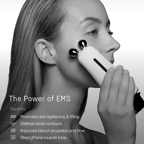 Image 1, the power of EMA benefits promotes skin tightening and lifting, defines facial contours, improves blood circulation and flow, strengthens muscle tone. image 2, the power of red light. wavelengths red (630mm) benefits - reduces full face fine lines and wrinkles, improves elasticity and firmness, accelerates cellular repair and renewal, helps reduce sebum production. image 3, the power of RF, benefits - reduces full face fine lines and wrinkles, tightens and firms, promotes collagen synthesis, improves skin texture.