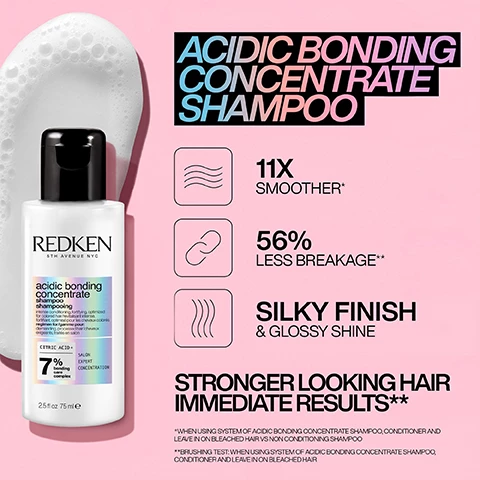 Image 1, acidic bonding concentrate shampoo. 11 times smoother, 56% less breakage, silky finish and glossy shine. stronger looking hair immediate results. when using system of acific bonding concentrate shampoo, conditioner and leave in on bleached hair vs non conditioning shampoo. brushing test when using system of acidic bonding concentrate shampoo, conditioner and leave in on bleached hair. image 2, acidic bonding concentrate shampoo. 11 times smoother, 56% less breakage, 90% more conditioned. stronger looking hair immediate results. when using system of acific bonding concentrate shampoo, conditioner and leave in on bleached hair vs non conditioning shampoo. brushing test when using system of acidic bonding concentrate shampoo, conditioner and leave in on bleached hair. image 3, bond repair and ultra hydration. 3 times stronger, 14 times better detangling, 72 hours of ultra hydration. acidic bonding concentrate 5 minute liquid mask standalone vs non conditioning shampoo. based on consumer test results when using acidic bonding concentrate shampoo and 5 minute liquid mask. image 4, after shampooing, apply to wet hair from mid lengths to ends and rinse after 5 minutes. image 5, damage repair mask. image 6 and 7, before and after system of acidic bonding concentrate shampoo and 5 minute liquid mask. image 8, marier claire beauty drawer august 2022 - best i've ever used and i'm a hairdresser. image 9, samanthna osbourne said - loved by professionals, an excellent take home addition to the ABC range, makes hair shiny and feeling stronger.