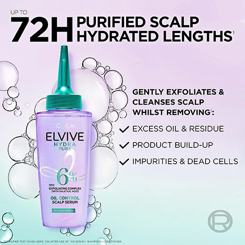 Image 1, up to 72 hours purified scalp hydrated lengths. gently exfoliates and cleanses scalp whilst removing excess oil and residue, product build-up, impurities and dead cells. image 2, powered with salicylic acid to cleanse excess oil. hyaluronic acid to boost moisture. image 3, complete the routine. step 1 = scalp serum gently exfoliates without stripping. step 2 = shampoo removes excess oil and impurities. step 3 = conditioner rehydrates lengths with no weigh down.