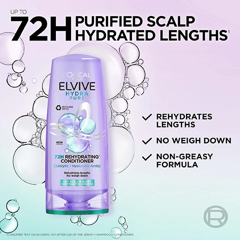 Image 1, up to 72 hours purified scalp hydrated lengths. rehydrates lengths, no weigh down, non greasy formula. image 2, powered with salicylic acid to cleanse excess oil. hyaluronic acid to boost moisture. image 3, complete the routine. step 1 = scalp serum gently exfoliates without stripping. step 2 = shampoo removes excess oil and impurities. step 3 = conditioner rehydrates lengths with no weigh down.