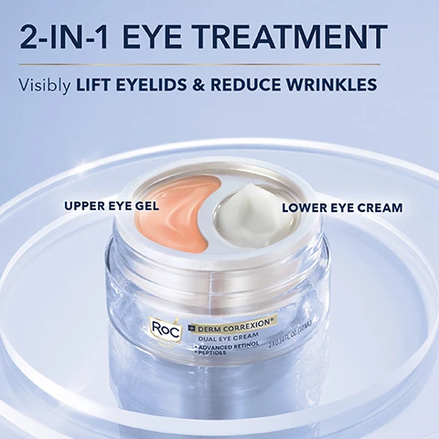 Image 1, 2 in 1 eye treatment, visibly lift eyelids and reduce wrinkles. upper eye gel and lower eye cream. image 2, advanced retinol reduces wrinkles. peptides firm and lift. image 3, unretouched images before and after 2 weeks. image 4, 90% saw eyelids visibly lifted. 96% saw visibly reduced lines