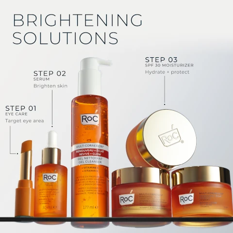 A studio shot displays a three-step RoC skincare routine for brightening solutions, featuring orange and gold products: for STEP 01 EYE CARE Target eye area, an eye balm and Multi Correxion Revive + Glow Daily Serum 30 ml; for STEP 02 SERUM Brighten skin, a Multi Correxion Revive + Glow Gel Cleanser 177 ml; and for STEP 03 SPF 30 MOISTURIZER Hydrate + protect, two Multi Correxion Revive + Glow creams, including a Gel Cream 50ml, all emphasizing Vitamin C.