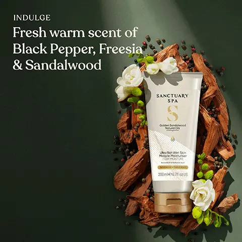 Image 1, INDULGE Fresh warm scent of Black Pepper, Freesia & Sandalwood SANCTUARY SPA Golden Sandalwood Natural Os UoRich Wet Skin Meocle Moisturiser 7ORY MOGTUPS 200ml €6.7fl oz US Image 2, ﻿ Made With AVOCADO OIL SHEA BUTTER COCOA BUTTER