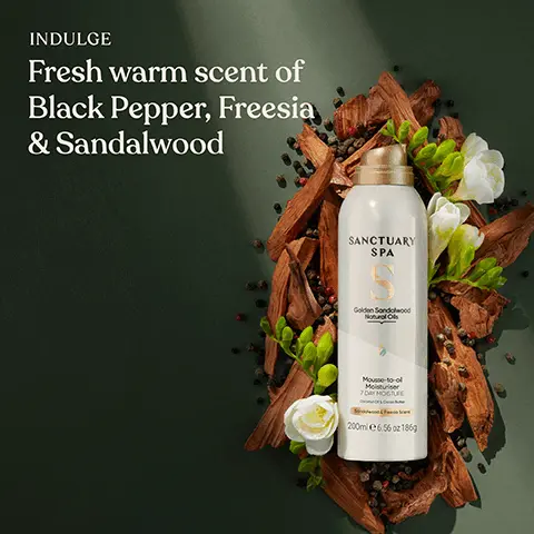 Image 1, INDULGE Fresh warm scent of Black Pepper, Freesia & Sandalwood SANCTUARY SPA Golden Sandalwood Natural Ols Mousse-to-of Moisturiser 7 DAY MOSTURE 200mi 6.56 oz 1869 Image 2, ﻿ Made With COCONUT OIL COCOA BUTTER