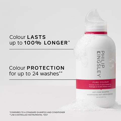 Image 1 - A white shampoo bottle with a pink label that reads PHILIP KINGSLEY PURE COLOUR ANTI-FADE SHAMPOO is displayed with bubbles, accompanied by the text Colour LASTS up to 100% LONGER* and Colour PROTECTION for up to 24 washes** below the bottle.
              Image 2 - A hand holds a bottle of Philip Kingsley Pure Colour shampoo, which is labeled with key benefits including improves vibrancy and shine, locks in and preserves colour for longer, sulphate-free, anti-fade formula, and adds body, bounce and shine.
              Image 3 - Image showing a circular blob of a clear liquid with bubbles, accompanied by text that reads EXCELLENT PRODUCT for keeping your hair healthy, COLOUR LOOKS GREAT and STAYS FRESHER for longer. CUSTOMER REVIEW.
              Image 4 - A white bottle labeled Philip Kingsley Pure Colour anti-fade shampoo features a pink band, with text highlighting key ingredients: Denoxylene, which protects hair color, and Hydrolyzed Vegetable Protein, which strengthens hairs resistance against combing.
              Image 5 - Image showing a close-up of a person washing their hair, with hands applying shampoo to wet, lathered hair, and the visible text reads TRICHOLOGIST TIP Wet hair and lather well with a gentle kneading of the scalp for 60 seconds.