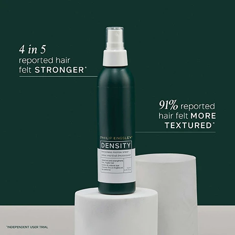 Image 1 - A green bottle of Philip Kingsley Density Thickening Protein Spray is displayed on a white cylindrical pedestal, with the text 4 in 5 reported hair felt STRONGER* and 91% reported hair felt MORE TEXTURED* next to it, and the words INDEPENDENT USER TRIAL at the bottom.
              Image 2 - Image shows a graphic titled KEY INGREDIENTS with three sections; each section features an illustration: a molecule, green peas, and a swirl of liquid, along with descriptions of the ingredients: BIOMIMETIC PEPTIDE BLEND: Designed to help slow hair loss and improve hair density and quality over time, HYDROLYZED PEA PEPTIDES: Increases strand thickness and provides antioxidant hydrating and smoothing benefits, PANTHENOL: Conditioning agent which provides long-lasting moisture.
              Image 3 - A collection of hair care products, including shampoo, conditioner, scalp toner, protein booster, and scalp drops, displayed on white cylindrical pedestals against a dark green background, with labels on the products saying Density Thickening Shampoo & Conditioner, Density Stimulating Scalp Toner, Density Amino Acid Protein Booster, and Density Preserving Scalp Drops.