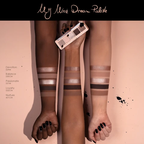 swatches of devotion, balance, passionate, loyalty, nurture on three different skin tones