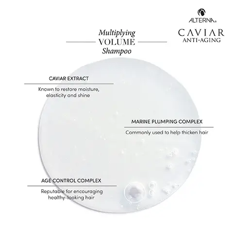 Image 1, CAVIAR EXTRACT Known to restore moisture, elasticity and shine Multiplying VOLUME Shampoo ALTERNAR CAVIAR ANTI AGING AGE CONTROL COMPLEX Reputable for encouraging healthy-looking hair MARINE PLUMPING COMPLEX Commonly used to help thicken hair Image 2, CAVIAR EXTRACT Known to restore moisture, elasticity and shine Multiplying VOLUME Conditioner ALTERNAR CAVIAR ANTI AGING AGE CONTROL COMPLEX Reputable for encouraging healthy-looking hair MARINE PLUMPING COMPLEX Commonly used to help thicken hair Image 3, Maintains Smoothness ALTERNAR Multiplying VOLUME Shampoo CAVIAR ANTI-AGING ALTERNA CAVIAR Improves Manageability ANTI-AGING Provides Shine Multiplying VOLUME Shampoo LIGHTWEIGHT BODY FOR FINE HAIR Provides Additional Volume* *When used as a system with the Multiplying Volume Conditioner, Multiplying Volume Styling Mousse and Multiplying Volume Styling Mist Shampooing Volume Champú Voluminizador 250 ml e/8.5 Fl. Oz. Provides Hydration No SLS/SES* *Sodium Lauryl Sulfate or Sodium Laureth Sulfate Image 4, Maintains Smoothness ALTERNAR Multiplying VOLUME Shampoo CAVIAR ANTI-AGING ALTERNA CAVIAR Improves Manageability ANTI-AGING Provides Shine Multiplying VOLUME Shampoo LIGHTWEIGHT BODY FOR FINE HAIR Provides Additional Volume* *When used as a system with the Multiplying Volume Conditioner, Multiplying Volume Styling Mousse and Multiplying Volume Styling Mist Shampooing Volume Champú Voluminizador 250 ml e/8.5 Fl. Oz. Provides Hydration No SLS/SES* *Sodium Lauryl Sulfate or Sodium Laureth Sulfate