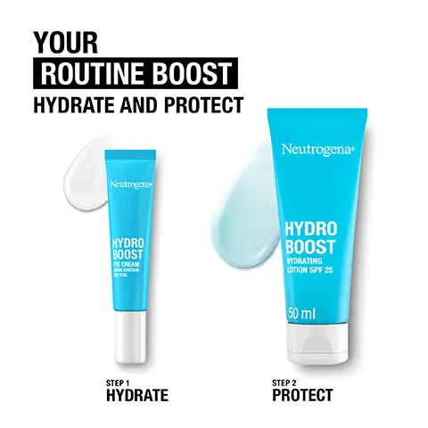 Image 1 - Image shows two Neutrogena skincare products: a blue tube of Hydro Boost Eye Cream on the left and a blue bottle of Hydro Boost Hydrating Lotion SPF 25 on the right, with text stating YOUR ROUTINE BOOST HYDRATE AND PROTECT and STEP 1 HYDRATE and STEP 2 PROTECT.
              Image 2 - Image of a Neutrogena Hydro Boost Eye Cream tube with text indicating it was developed with dermatologists, delivers 6x more hydration instantly, features a lightweight formula, is non-comedogenic, and can reduce the appearance of dark circles and puffiness in 3 weeks.
              Image 3 - A light blue tube of Neutrogena Hydro Boost hydrating lotion SPF 25 with visible text stating developed with dermatologists, boosts hydration, ultra-light formula, non greasy, and suitable for all skin types, including sensitive skin.
              Image 4 - Image shows two Neutrogena skincare products: a tube of Hydro Boost Eye Cream and a bottle of Hydro Boost Hydrating Lotion SPF 25, with a light blue background and the text YOUR ULTIMATE HYDRATING ROUTINE prominently displayed.