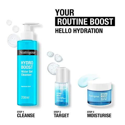 Image 1 - Image shows a collection of Neutrogena skincare products on a light blue background, including a jar labeled Hydro Boost Water Gel, a small bottle labeled Hydro Boost, and a pump bottle labeled Hydro Boost Water Gel Cleanser with visible text indicating 200ml and Hyaluronic Acid, along with the phrase YOUR ULTIMATE HYDRATING ROUTINE.
              Image 2 - Image shows three skincare products from Neutrogena: a blue bottle of Hydro Boost Water Gel Cleanser with the text 200ml, a small blue dropper bottle labeled TARGET, and a white jar labeled MOISTURISE, with the overall text saying YOUR ROUTINE BOOST and HELLO HYDRATION.
              Image 3 - A blue bottle of Neutrogena Hydro Boost water gel cleanser is shown with a pump top, featuring text that reads DEVELOPED WITH DERMATOLOGISTS, BOOSTS HYDRATION, RESPECTS THE SKIN BARRIER, GENTLY CLEANSING TO REMOVE MAKEUP AND DIRT, and SUITABLE FOR ALL SKIN TYPES, INCLUDING SENSITIVE SKIN.
              Image 4 - A bottle of Neutrogena Hydro Boost serum is shown against a blue background, featuring text highlighting its attributes: developed with dermatologists, glycerin that penetrates 9 skin layers deep, lightweight formula, non-greasy, and suitable for all skin types, including sensitive skin.
              Image 5 - A jar of Hydro Boost water gel is shown next to a blue background featuring text that states Developed with dermatologists, delivers 6x more hydration instantly, respects the skin barrier, gently cleanses to remove make up and dirt, and suitable for all skin types, including sensitive skin.