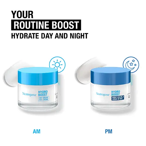 Image 1 - Image shows two Neutrogena Hydro Boost cream jars labeled AM and PM, with the text “YOUR ROUTINE BOOST HYDRATE DAY AND NIGHT” above them, along with a sun icon next to the AM jar and a moon icon next to the PM jar.
              Image 2 - A jar of Hydro Boost gel cream with a blue lid is shown, accompanied by key features including Developed with dermatologists, Delivers 6X more hydration instantly, Weightless formula, Non-comedogenic, and Contains ceramides to help smooth and protect the skins moisture barrier.
              Image 3 - Image of a skincare product jar labeled Hydro Boost Night Cream with a blue lid, featuring text elements that state Developed with Dermatologists, Clinically proven hydration for 72 hours, Rich formula, Non-comedogenic, and Contains peptides to help improve the skins suppleness.
              Image 4 - Two Neutrogena Hydro Boost cream jars are shown, one labeled Gel Cream and the other Night Cream, set against a blue background with the text YOUR ULTIMATE HYDRATING ROUTINE displayed above.