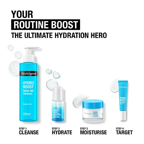 Image 1 - Image shows a collection of Neutrogena skincare products including a blue Hydro Boost Water Gel Cleanser, a water gel, a moisturizer, and a targeted treatment, with the text YOUR ROUTINE BOOST THE ULTIMATE HYDRATION HERO and steps labeled as STEP 1 CLEANSE, STEP 2 HYDRATE, STEP 3 MOISTURISE, and STEP 4 TARGET.
              Image 2 - A blue pump bottle of Neutrogena Hydro Boost Water Gel Cleanser is shown with a label indicating it contains hyaluronic acid, and features text stating it was developed with dermatologists, boosts hydration, respects the skin barrier, gently cleanses to remove makeup and dirt, and is suitable for all skin types including sensitive skin.
              Image 3 - A clear bottle of Neutrogena Hydro Boost serum is shown with a white cap and blue liquid, accompanied by bullet points listing benefits including developed with dermatologists, glycerin that penetrates 9 skin layers deep, lightweight formula, non-greasy, and suitable for all skin types, including sensitive skin.
              Image 4 - Image of a moisturizing gel cream jar with a turquoise lid and label reading Hydro Boost, accompanied by text that highlights its features: Developed with dermatologists, delivers 6X more hydration instantly, weightless formula, non-comedogenic, and contains ceramides to help smooth and protect the skins moisture barrier.
              Image 5 - A tube of Neutrogena Hydro Boost Eye Cream is displayed on a blue and black background, featuring text that reads DEVELOPED WITH DERMATOLOGISTS, DELIVERS 6X MORE HYDRATION INSTANTLY, LIGHTWEIGHT FORMULA, NON-COMEDOGENIC, and SUITABLE FOR DELICATE EYE AREAS.
              Image 6 - Image shows several Neutrogena Hydro Boost skincare products, including a water gel cleanser, a cream jar, and a serum, with droplets of water and the text YOUR ULTIMATE HYDRATING ROUTINE.