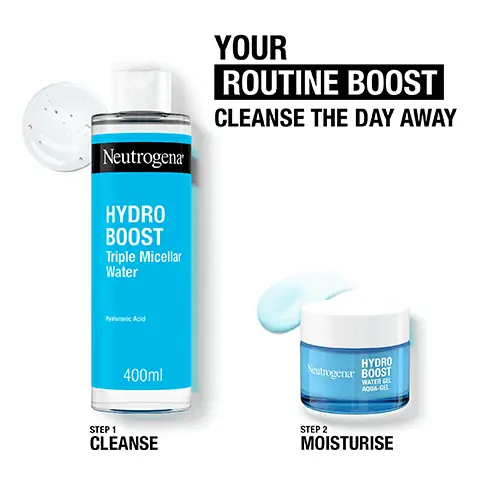 Image 1 - Image shows Neutrogena Hydro Boost Triple Micellar Water bottle and a Hydro Boost Water Gel, with text that reads YOUR ROUTINE BOOST CLEANSE THE DAY AWAY and includes steps for skincare: STEP 1 CLEANSE and STEP 2 MOISTURISE.
              Image 2 - A bottle of Neutrogena Hydro Boost Triple Micellar Water with a light blue label, featuring the text DEVELOPED WITH DERMATOLOGISTS, followed by icons and phrases stating BOOSTS HYDRATION, NO RINSE FORMULA, NON-COMEDOGENIC, and SUITABLE FOR ALL SKIN TYPES, INCLUDING SENSITIVE SKIN, with a volume of 400ml.
              Image 3 - Image of a jar of Hydro Boost water gel with key benefits listed alongside it, including developed with dermatologists, delivers 6x more hydration instantly, respects the skin barrier, gently cleanses to remove makeup and dirt, and suitable for all skin types, including sensitive skin.
              Image 4 - Image shows a Neutrogena skincare product display featuring a jar of Hydro Boost Water Gel and a bottle of Hydro Boost Triple Micellar Water, along with text that reads YOUR ULTIMATE HYDRATING ROUTINE and HYDRO BOOST Triple Micellar Water Hyaluronic Acid 400ml.