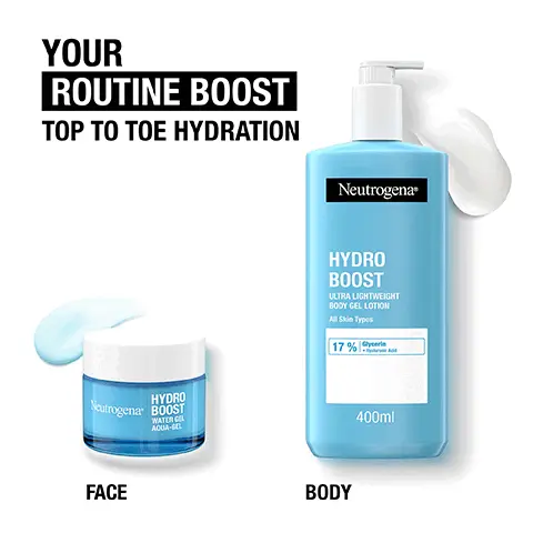 Image 1 - Image shows two Neutrogena products for hydration: a small blue jar labeled HYDRO BOOST Water Gel for the face on the left and a larger blue bottle labeled HYDRO BOOST Ultra Lightweight Body Gel Lotion for the body on the right, with text that reads YOUR ROUTINE BOOST TOP TO TOE HYDRATION.
              Image 2 - Image of a blue jar labeled Hydro Boost Water Gel with text indicating it was developed with dermatologists, stating it delivers 6x more hydration instantly, respects the skin barrier, gently cleanses to remove makeup and dirt, and is suitable for all skin types, including sensitive skin.
              Image 3 - A bottle of Neutrogena Hydro Boost Ultra Lightweight Body Gel Lotion with a blue label, displaying text that states it boosts hydration, features an ultra-light formula, is non-greasy, and is suitable for all skin types, including sensitive skin, and has a volume of 400ml.
              Image 4 - An image featuring Neutrogenas Hydro Boost water gel and ultra lightweight body gel lotion, with the text YOUR ULTIMATE HYDRATING ROUTINE and HYDRO BOOST prominently displayed.