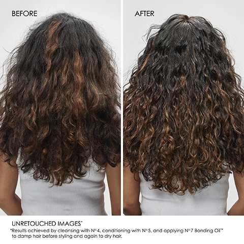 Image 1, 2 and 3, before and after. unretouched images. results achieved by cleansing with number 4 conditioning with number 5 and applying number 7 bonding oil to damp hair before styling and again to dry hair. image 4, a concentrated lightweight oil for your smoothest shiniest hair. for use on damp or dry hair.