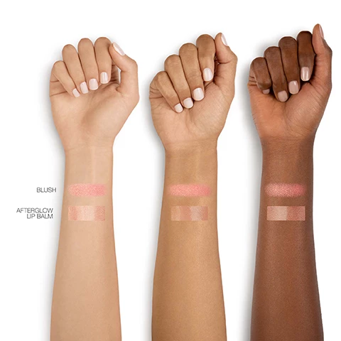 Image 1, swatches of blush and afterglow lip balm on three different skin tones. image 2, model shots of orgasm blush - peachy pink with gold shimmer on three different skin tones. image 3, model shots of orgasm lip balm - sheer peachy pink with golden shimmer on three different skin tones