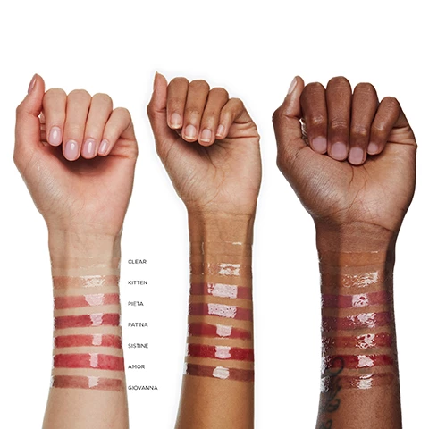 Image 1, swatches of clear, kitten, pieta, patina, sistine, amor and giovanna on three different skin tones. image 2, swatches of honey, toffee, brown sugar, cinnamon, maple, hazelnut and chestnut on three different skin tones.
