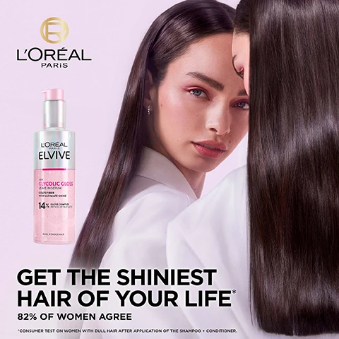 Image 1, get the shiniest hair of your life. 82% of women agree, consumer test on women with dull hair after application of the shampoo and conditioner. image 2, instantly shinier hair protected from heat damage. up to +86% shine, up to +54% smoothness, up to -75% anti-frizz. instrumental tests. image 3, for all hair types, curly bleached and straight hair. before and glossed. image 4, powered with glycolic acid, 14% gloss complex. penetrates deep into the hair to improve hair quality. seals hair with long lasting shine. image 5, powered with glycolic acid. seal cuticles vs open cuticles. perfectly realigns cuticles to smoothe and seal hair with a shine glaze. image 6, get the shiniest hair of your life, 82% of women agree. step 1 = shampoo, step 2 = conditioner, step 3 = lamination treatment, 4 = leave in serum. instrumental test after one application of the trinome and 5 applications of the shampoo
