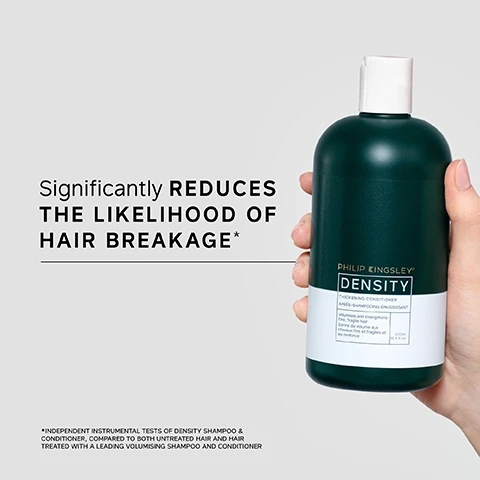 Image 1 - A person holds a green bottle of Philip Kingsley Density shampoo and conditioner, with text stating significantly reduces the likelihood of hair breakage.
              Image 2 - A hand holds a bottle of hair restoration product while dispensing a small amount of cream into the palm, accompanied by the text indicating a customer review about hair restoration.
              Image 3 - A person with short, textured light blonde hair is shown from the back, with the left side labeled Before displaying a messy appearance, and the right side labeled After showcasing a neat, styled look.
              Image 4 - A close-up image of shiny, straight hair being combed with a black comb, accompanied by the text that reads TRICHOLOGIST TIP After shampooing, gently work into the mid-lengths and ends of the hair, avoiding the roots. Rinse well.
