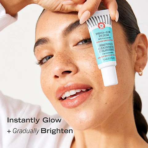 Image 1, instantly glow and gradually brighten. image 2, 92% reported that this product gives their under eye an instant glow. image 3, 96% reported this product helped minimize the appearance of dark circles. image 4, formulated with niacinamide, peach micro pearls, caffeine. image 5, safe for sensitive skin. image 6, no mess, makeup bag approved. new and improved packaging, OG container.