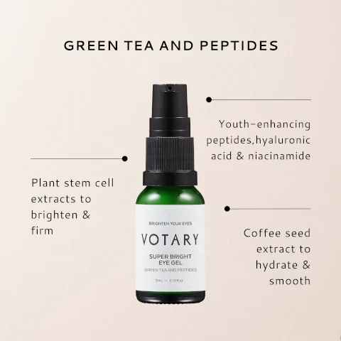 green tea and peptides. plant stem cell extracts to brighten and firm. youth enhancing peptides, hyaluronic acid and niacinamide. coffee seed extract to hydrate and smooth