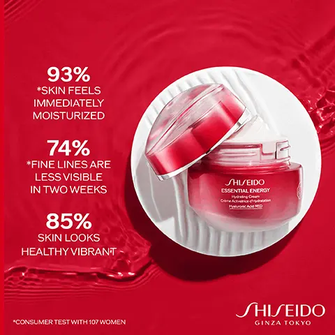 Image 1,93% *SKIN FEELS IMMEDIATELY MOISTURIZED 74% *FINE LINES ARE LESS VISIBLE IN TWO WEEKS 85% SKIN LOOKS HEALTHY VIBRANT SHISEIDO ESSENTIAL ENERGY Hydrating Cream Crime Activation Hyaluronic Acid RED *CONSUMER TEST WITH 107 WOMEN SHISEIDO GINZA TOKYO Image 2, HYALURONIC ACID Delivers, attracts and retains intense moisture GINSENG ROOT EXTRACT Soothes and strengthens skin's moisture barrier Image 3, SHIVEIDO 1 Clarifying Cleansing Foam CLEANSE Лево HYDRATE DEFEND N 2 Ultimune Power Infusing Concentrate Essential Energy Hydrating Cream SHISEIDO GINZA TOKYO HYDRATE 3 31
