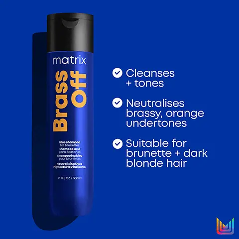 Image 1, Cleanses + tones Neutralises brassy, orange undertones ✔ Suitable for brunette + dark blonde hair Image 2, Softens + hydrates ✔ Helps to neutralise orange tones in light brunettes* Colour protecting formula "When using a system of Brass Off Shampoo, Conditioner, & Mask Image 3, Brass Off Clease Condition Shampoo Conditioner